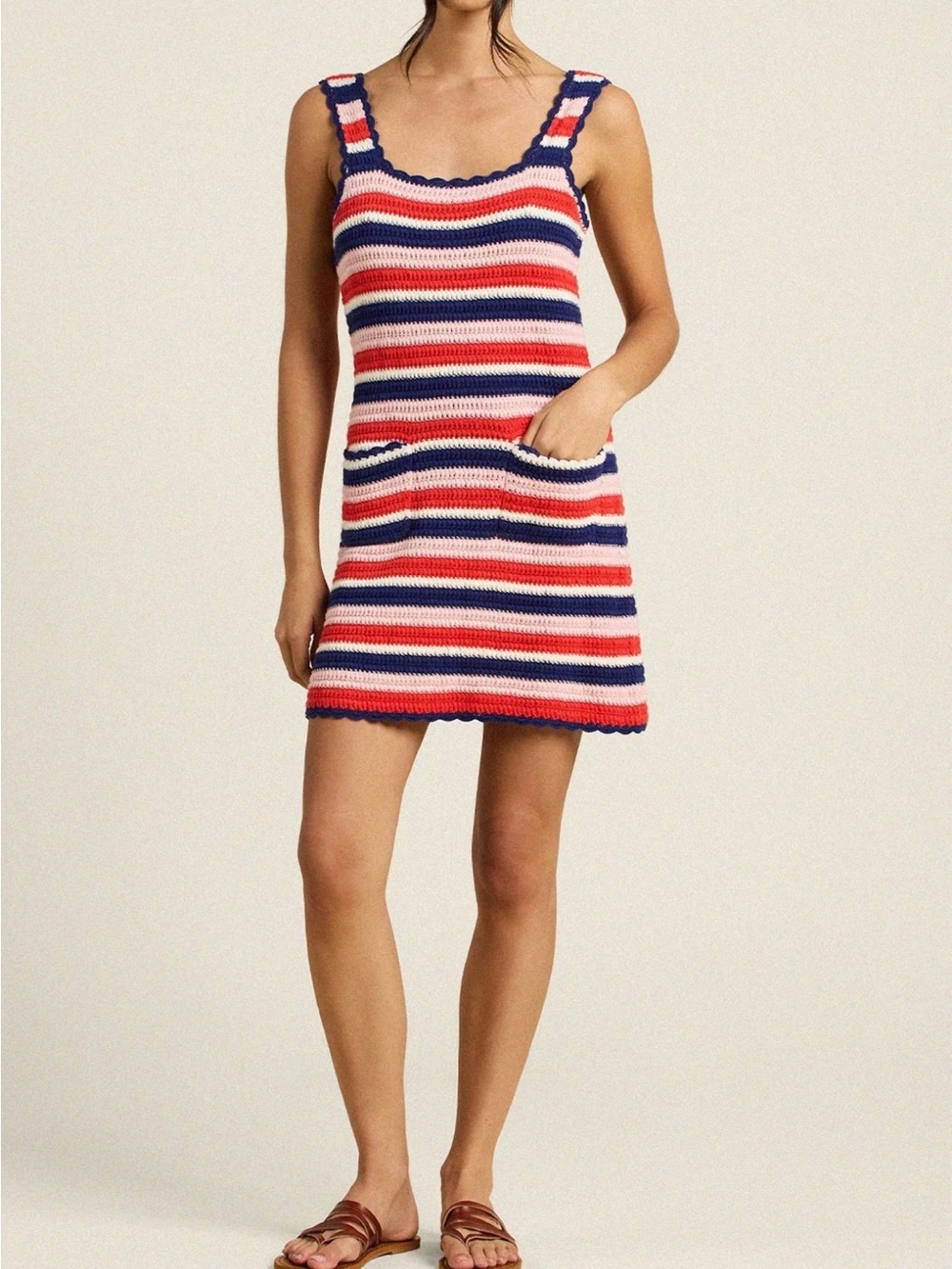 Trovata Striped Crochet Mini Dress in Red, Pink & Blue